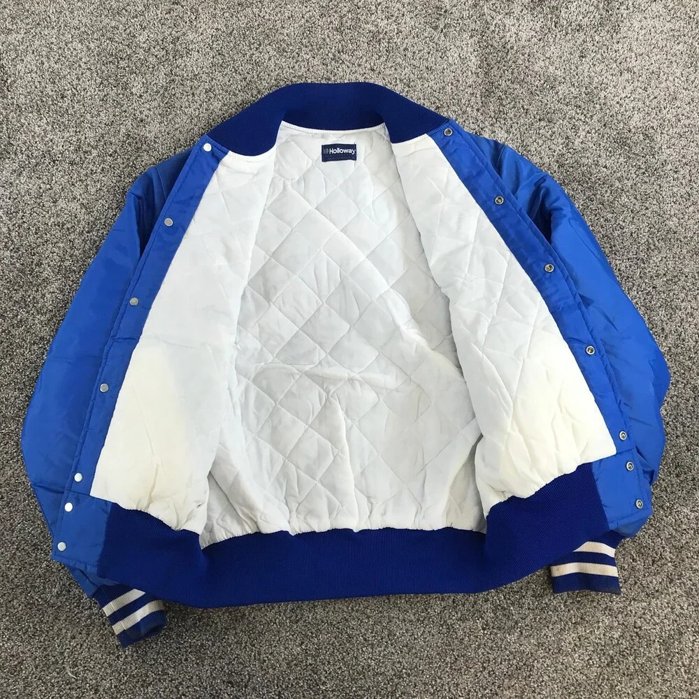Vintage Holloway Varsity Jacket Mens Large Royal Blue Satin Quilted Snaps